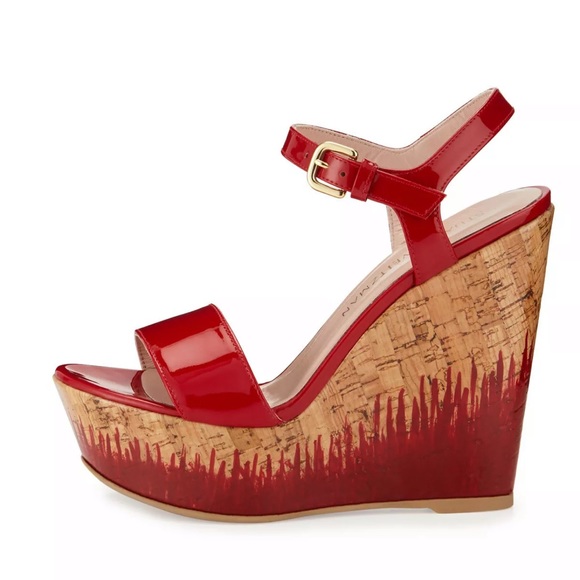 Stuart Weitzman Red Flame Painted Patent Cork Wedge Heel - Picture 3 of 17